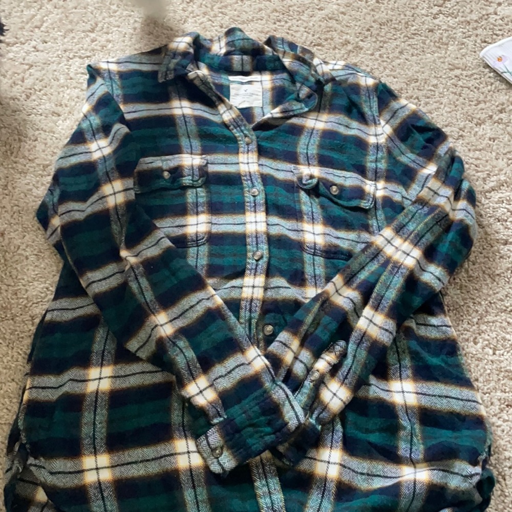 American Eagle Outfitters Green Navy Plaid Button-Down Shirt